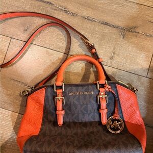 Michael Kors Orange and Brown MK Logo Dome Satchel
